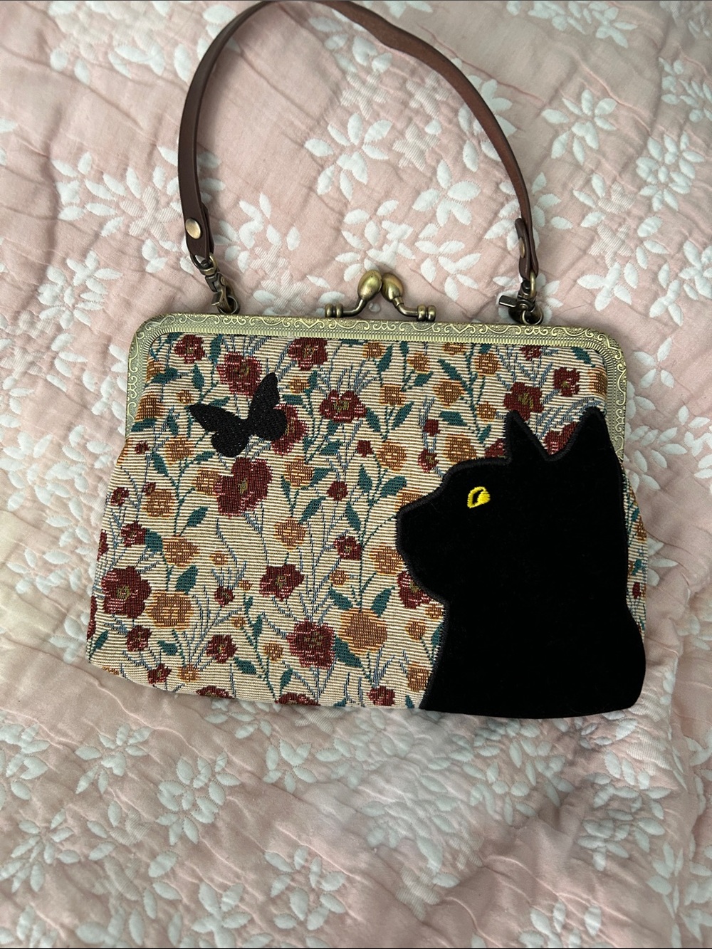 Black Cat Velvet Appliqué Floral Frame Purse